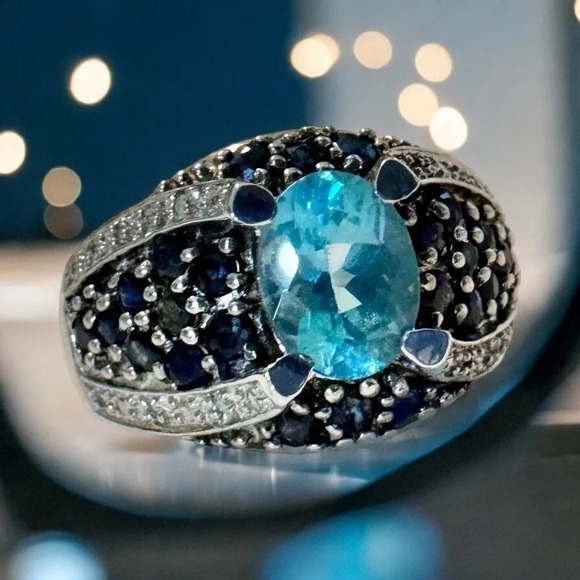 Aquamarine | Spinel | Diamond | Sterling Silver Dome Ring (8) - Picture 2 of 7